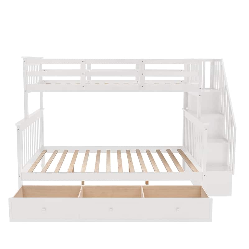 White Twin-Over-Full Solid Pine Bunk Bed with Storage Staircase, Drawer, and Guard Rail, Converts to Separate Beds
