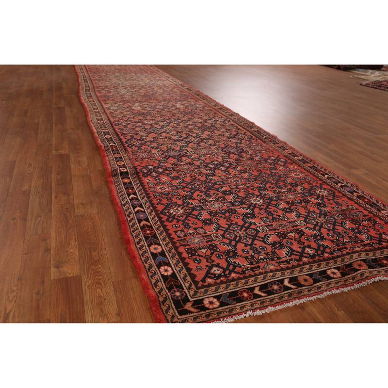 Hand Knotted Oriental 100% Wool Carpet Traditional All-Over Oranges & Rust Hossainabad Runner Rug - 16' 4'' X 3' 6''