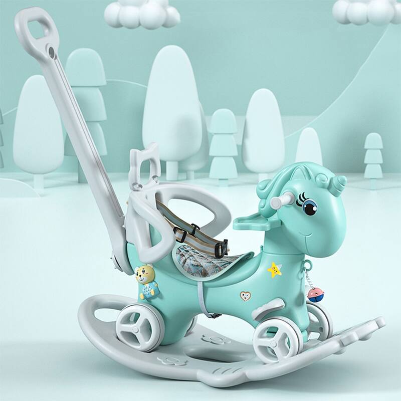 Blue 4-in-1 Toddler Ride-On Toy Rocking Horse with Balance Bike and Sound Button - 16.5”L x 34.2”W x 34.6”H