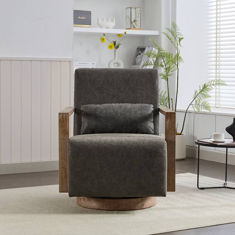 Swivel Accent Chair with Wood Armrests, Modern Faux Leather Arm Chair for Living Room, Comfy Club Reading Chairs for Bedroom