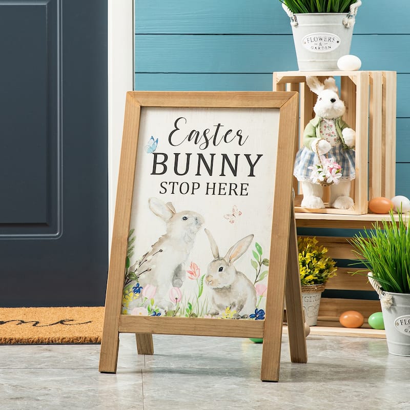 Glitzhome 24"H Easter Wooden Bunny Easel Porch Sign Wall Hanging Outdoor Indoor Decor