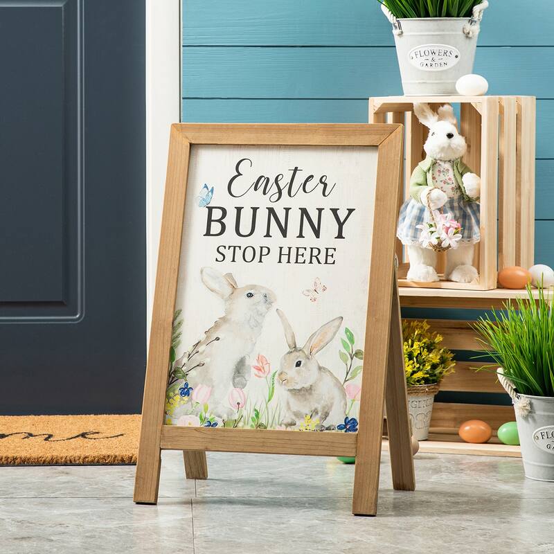 Glitzhome 24"H Easter Wooden Bunny Easel Porch Sign Wall Hanging Outdoor Indoor Decor - Bunny