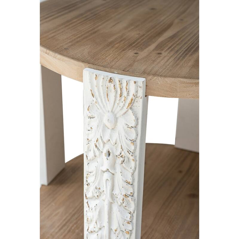 Round Two-Tiered Wooden Side Table with Natural Brown Finish and Distressed White Legs