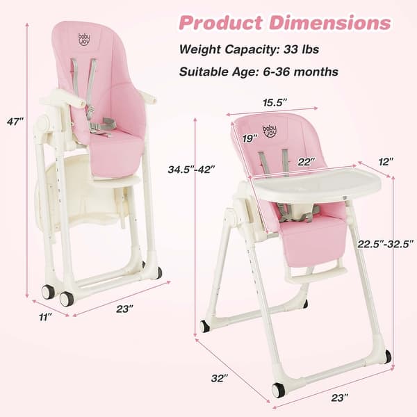 dimension image slide 0 of 4, Babyjoy 4-in-1 Foldable Baby High Chair Height Adjustable Feeding - 32'' x 23'' x 42''