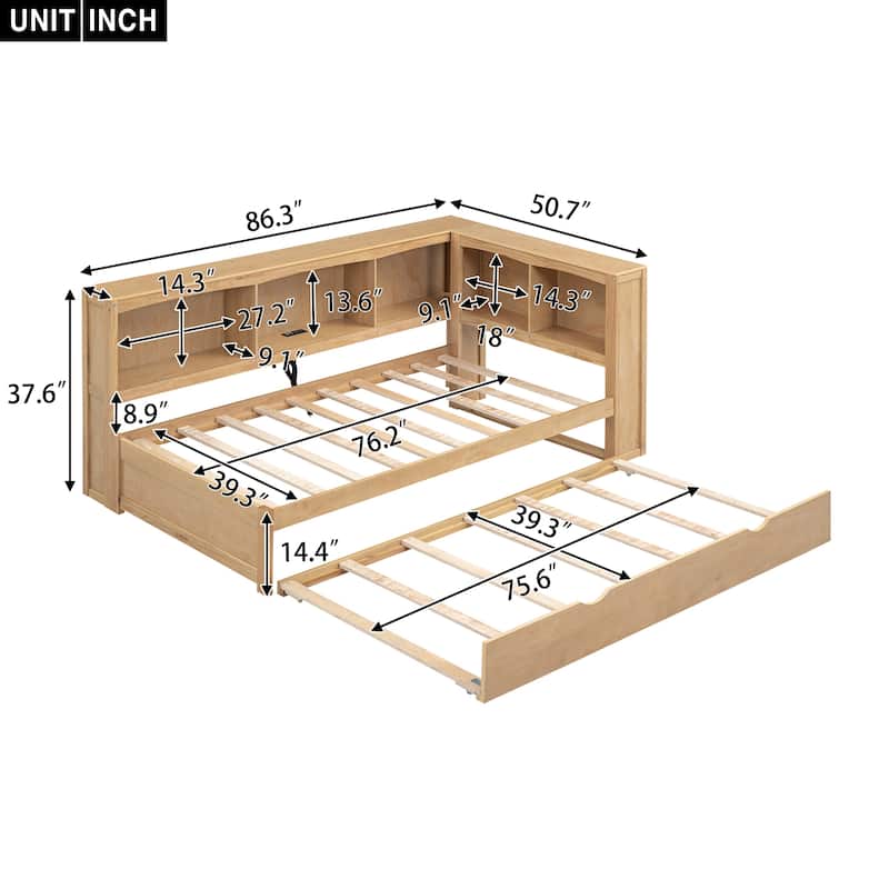 Twin Daybed with 5 Storage Cabinets, USB Ports, and Trundle - Durable Pine Wood Frame