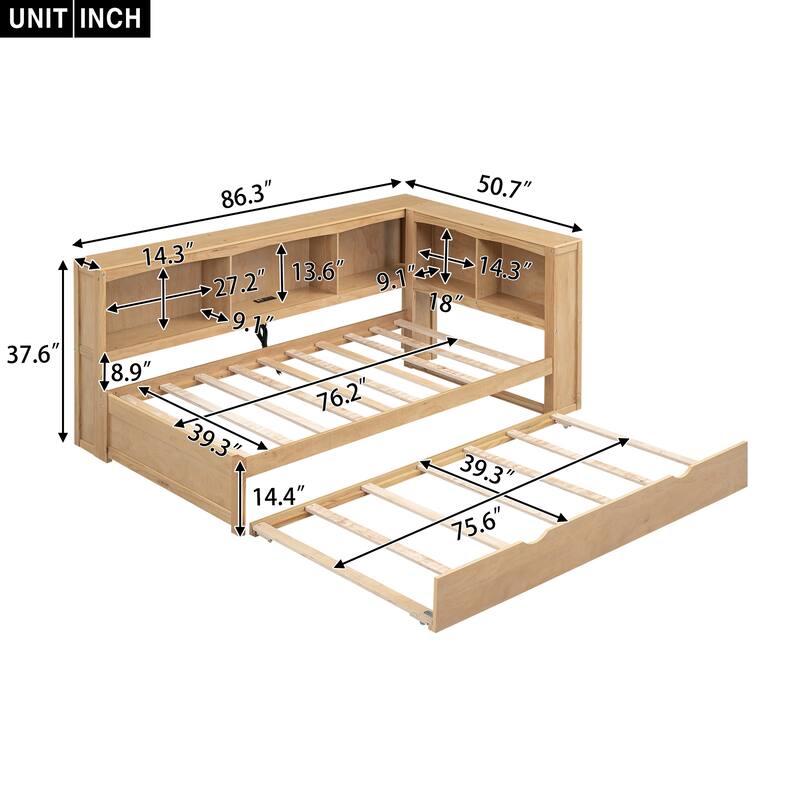 Twin Daybed with Trundle, 5 Storage Cabinets, and Charging Station, Perfect for Small Spaces