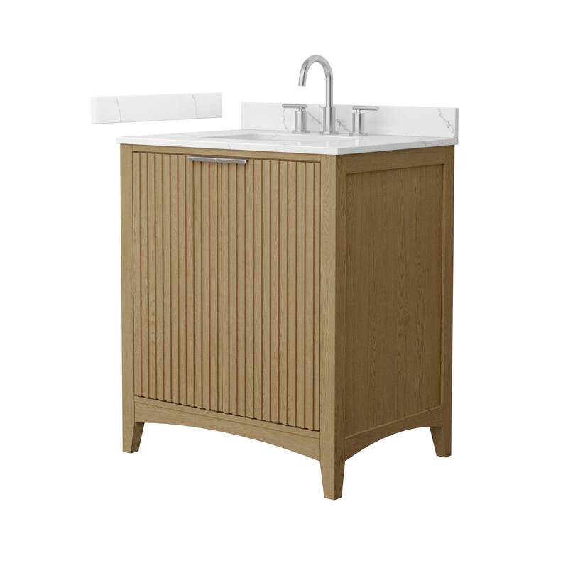 Wyndham Collection WCF9191-30S-QTZ-US3MXX Palmilla 30" Free Standing - Natural Oak / Giotto Quartz Top / Brushed Nickel