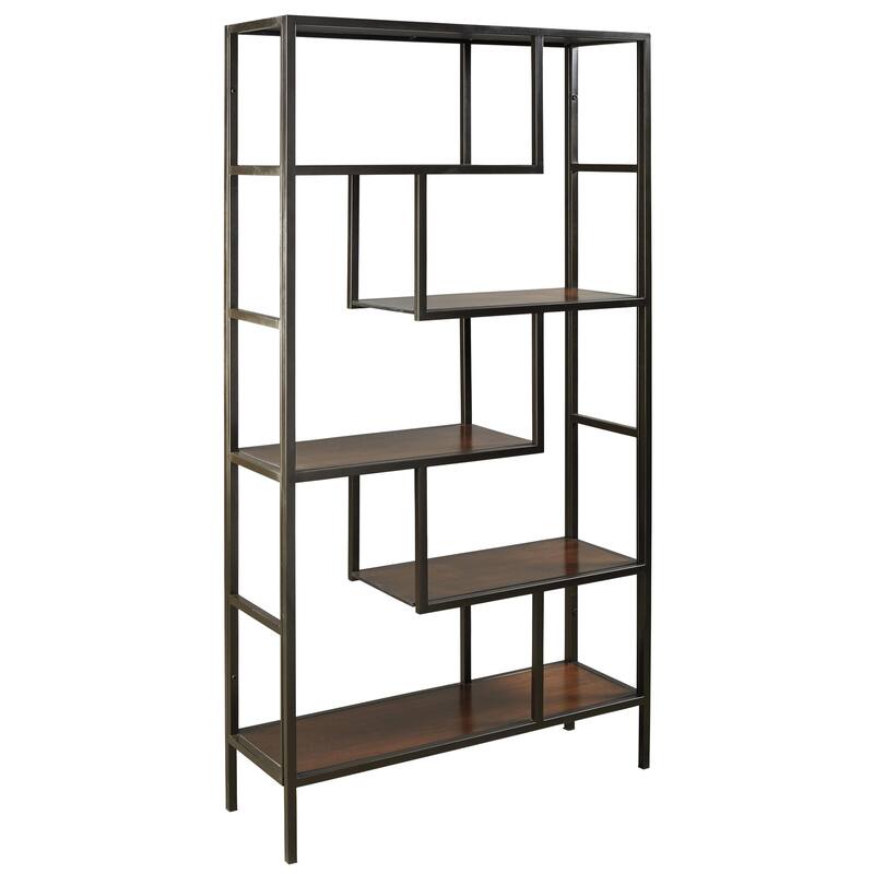 5 Shelves Asymmetric Design Bookcase with Metal Frame, Brown and Black - 70.25 H x 36 W x 12.13 L Inches
