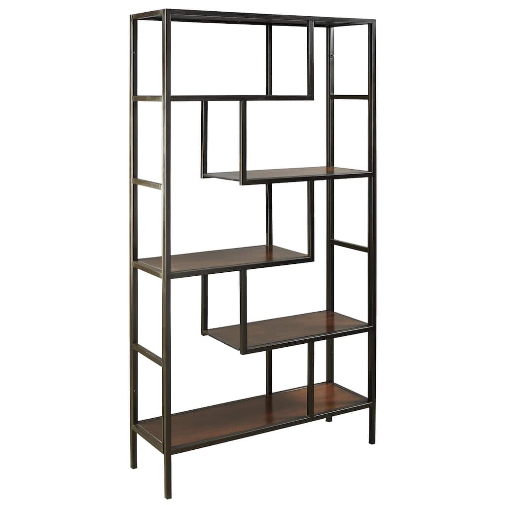 5 Shelves Asymmetric Design Bookcase with Metal Frame, Brown and Black