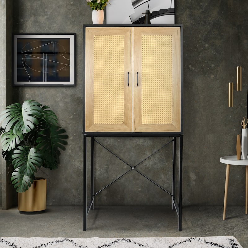 Elegant Tall Storage Cabinet with 2 Rattan Doors,X-Shaped Supporting Bars