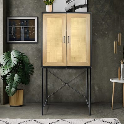 Elegant Tall Storage Cabinet with 2 Rattan Doors,X-Shaped Supporting Bars