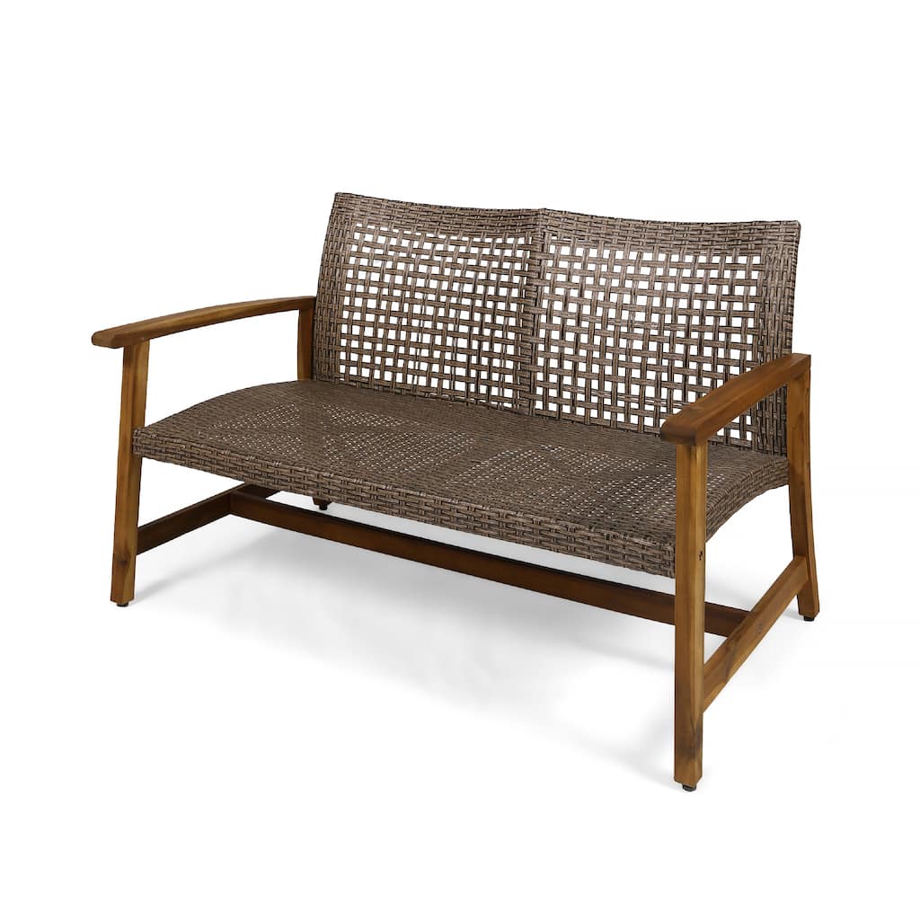 Bops Outdoor Loveseat, Natural Brown Acacia Wood, 52 Inch, Gray Wicker