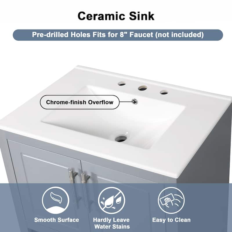 30 Inch Freestanding Bathroom Vanity Set with Ceramic Sink and Doors
