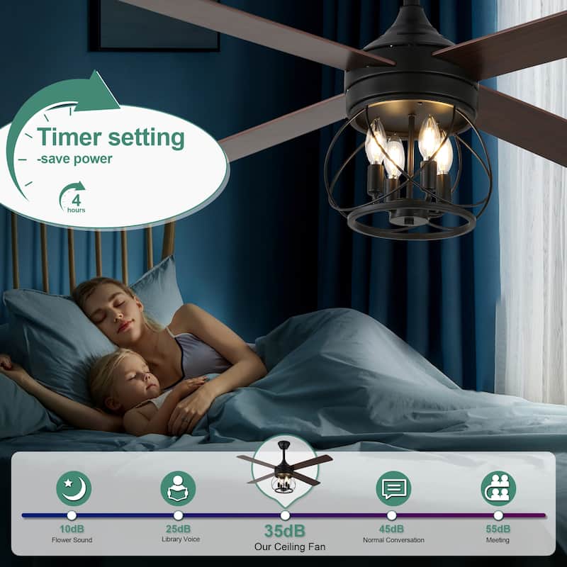 Cusp Barn 52" Modern Ceiling Fan with Light and Remote,Black 4-Light 6 Speeds Quiet Operation Reversible Caged Ceiling Fan