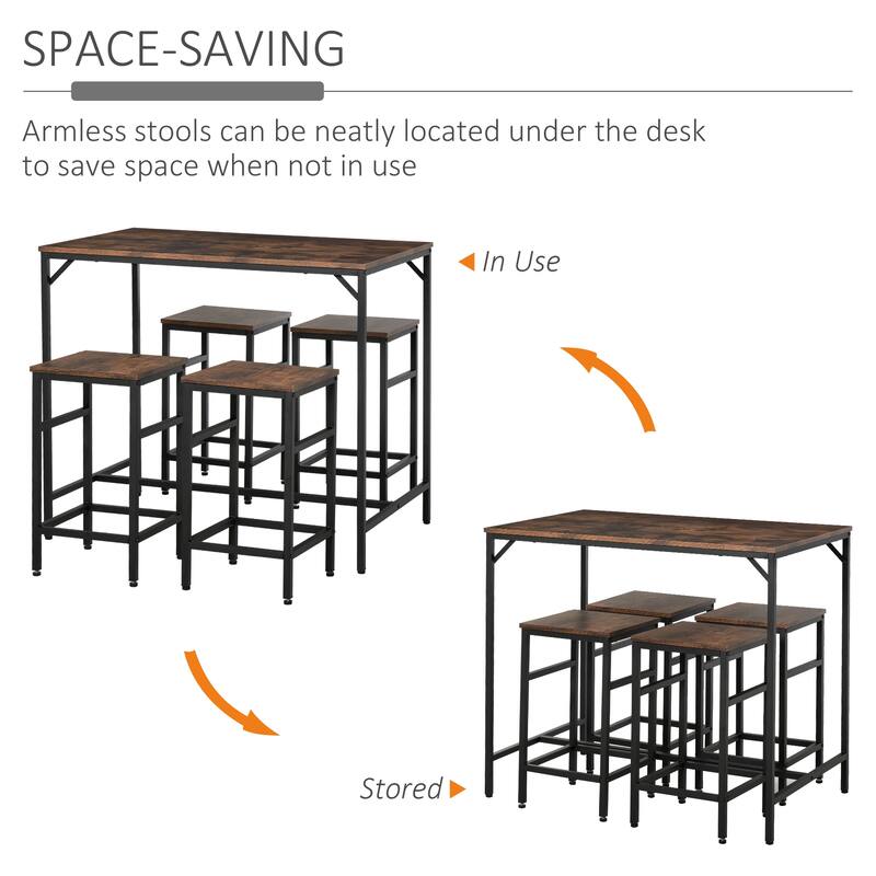 5-Piece Rustic Wood Table Bar Set with Footrest and Black Steel Frame for Home Kitchen or Dining