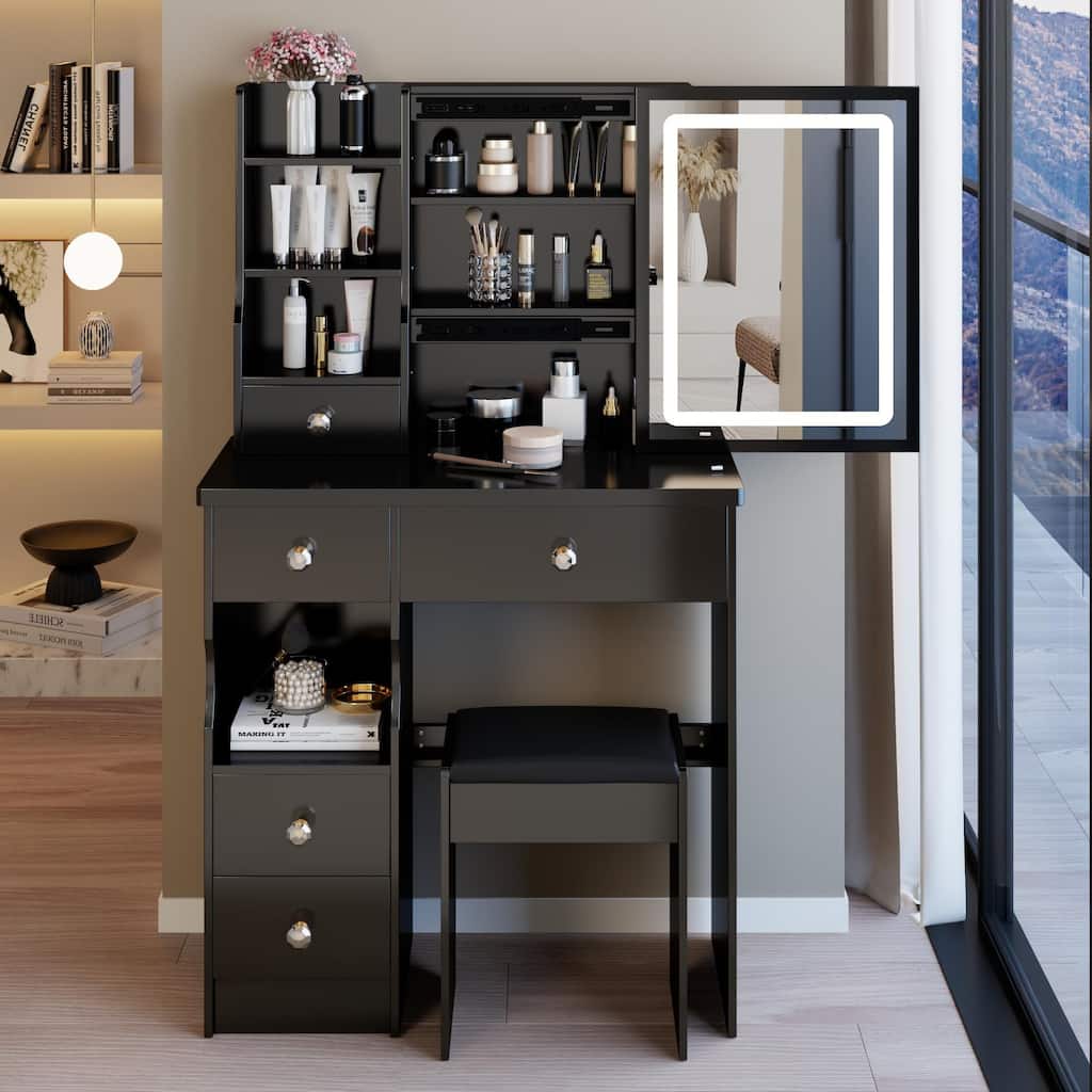 Small Size Left Drawer Desktop Vanity Table + Cushioned Stool,Tri-color Switching, Brightness Adjust LED Mirror