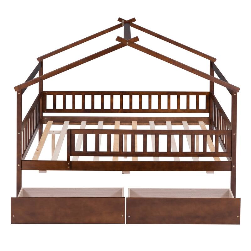 Kids Twin/Full Wooden House Bed with Roof and Storage Drawers, Solid Pine Frame