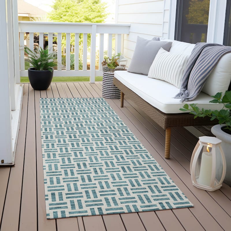 Machine Washable Indoor/ Outdoor Contemporary Basketweave Chantille Rug - Teal - 2'3" x 7'6"