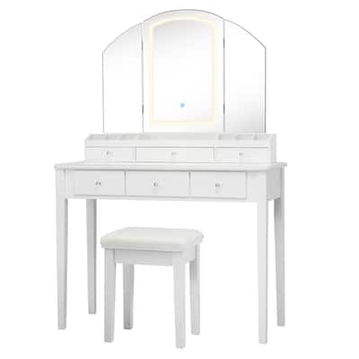 Costway Vanity Table Stool Set Large Tri-folding Lighted Mirror 6