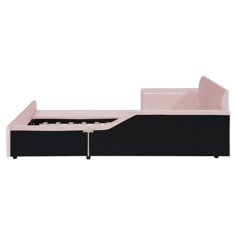 Roomfitters Full/Queen Size Upholstered Grounded Platform Bed with Bedside Desk and Round Stool, Velvet Fabric Bed Frame