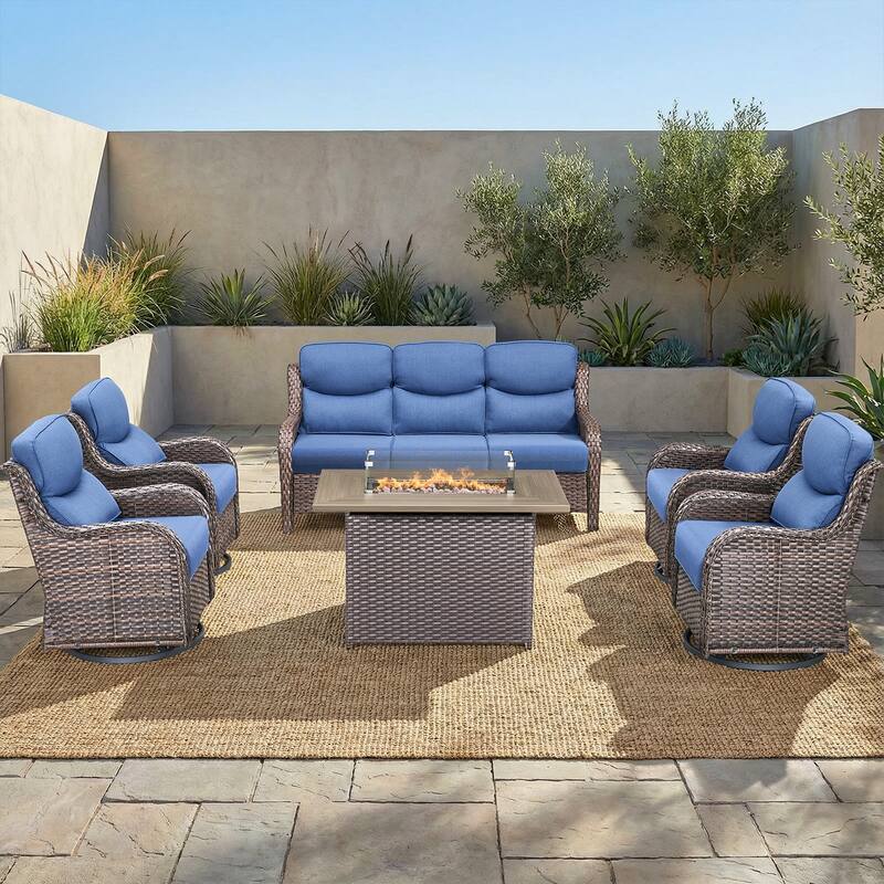Pocassy Outdoor Fire Pit Sofa Swivel Chairs Conversation Set - Brown Wicker Blue Cushion - 6-Piece Sofa Swivel Chair w/ Fie Pit Table