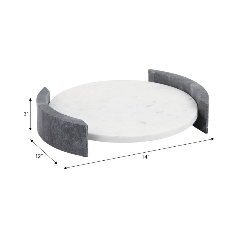 Stone Marble Modern Round Serving Tray with Curved Side Handles - 14" x 12" x 3"