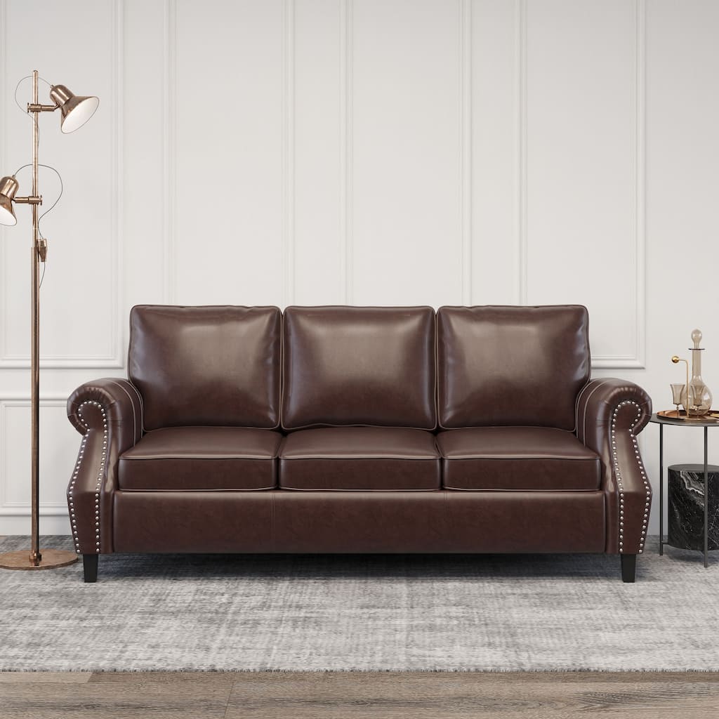 Contemporary 3-Seater Sofa with Faux Leather, Nailhead Accents, and Birch Wood Legs
