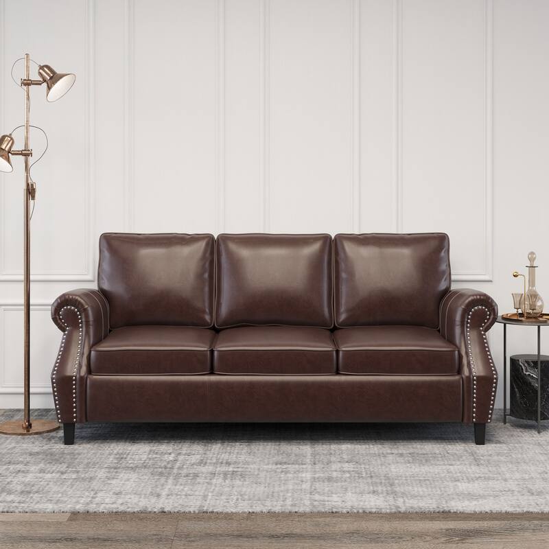 Faux Leather 3-seater Sofa with Birch Wood Legs and Nailheads - Dark Brown