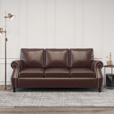 Faux Leather 3-seater Sofa with Birch Wood Legs and Nailheads