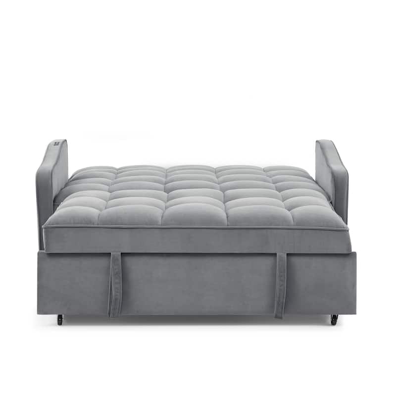 53" Foam Adjustable Loveseat Sofa Bed with Pull-Out Bed, USB/Type-C Charging, Copper Nail Trim, and Arm Storage Pockets