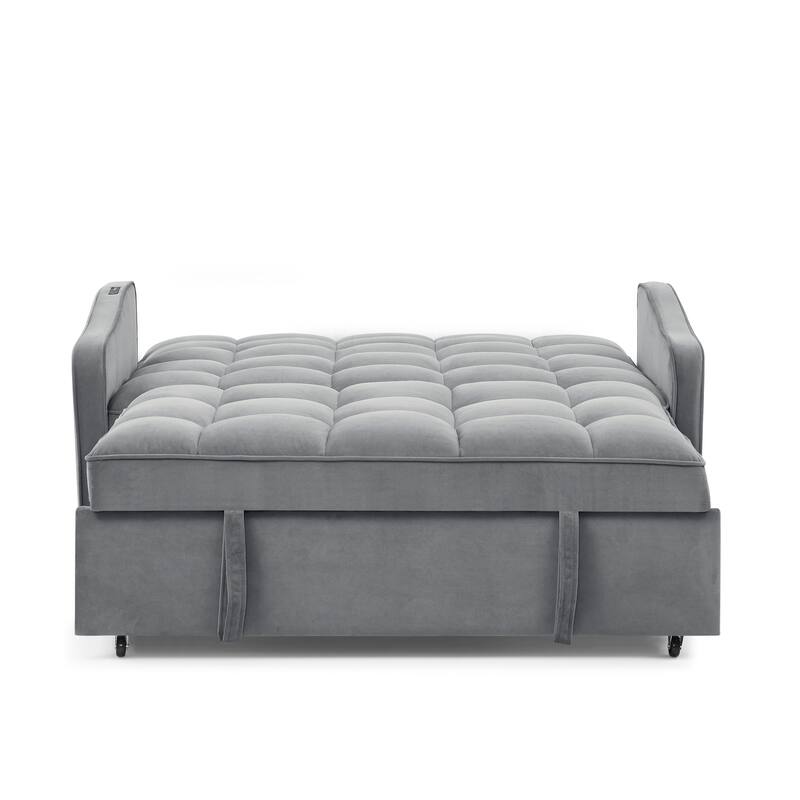 Velvet Sofa Bed with Pull-Out Sleeper and USB Charging Ports for Living Room or Guest Room