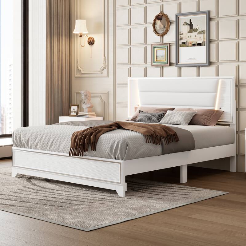 PU Upholstered Queen Size Bed with LED Light Strips