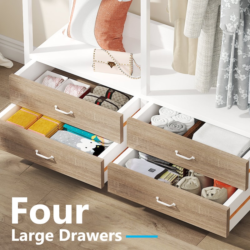 Freestanding Closet Organizer, Clothing Rack with 4 Drawers, 8 Hooks and Storage Shelves - Grey