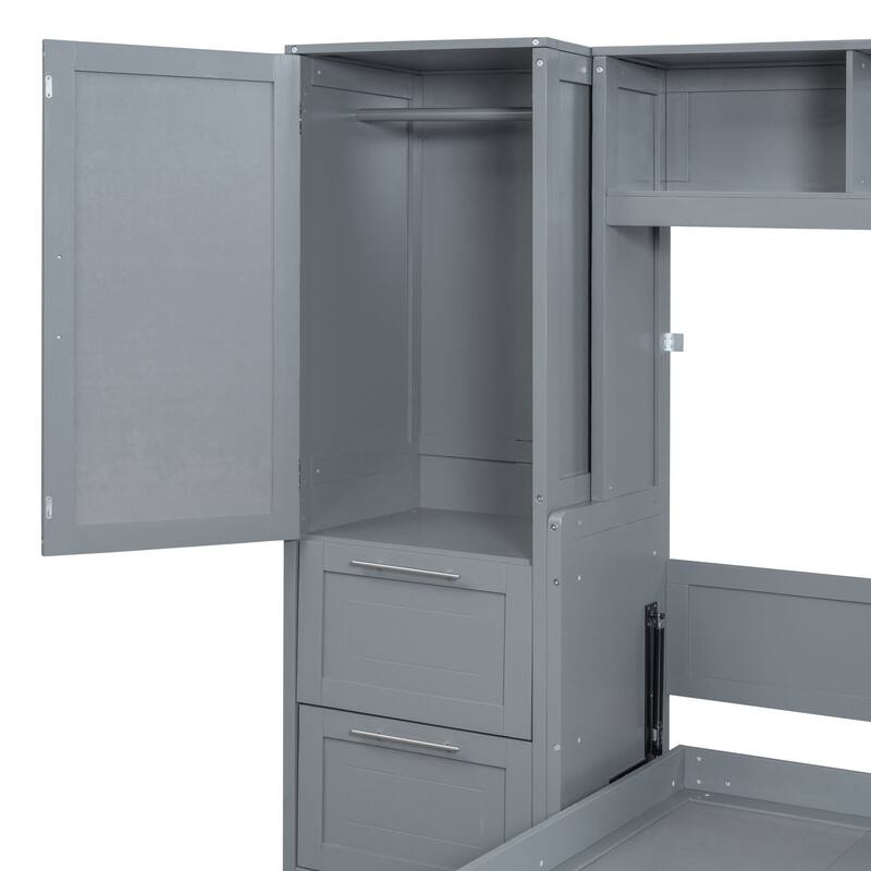 Murphy Bed with Storage and Closet, Full Size Wall Bed with Flip-Up Design, Customizable Configuration, White or Gray