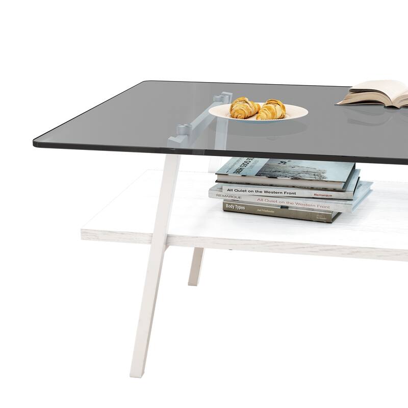 Rectangle Coffee Table, Tempered Glass Tabletop with Black Metal Legs