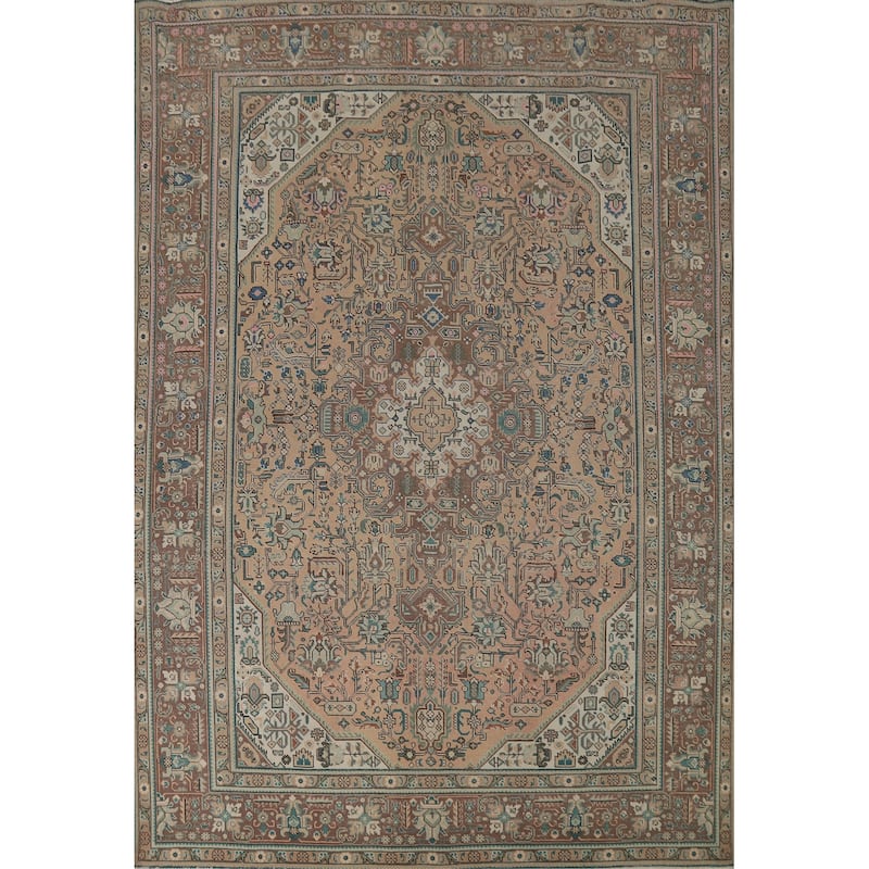 Geometric Peach Tabriz Persian Vintage Rug Hand-Knotted Wool Carpet - 8'1"x 11'3"