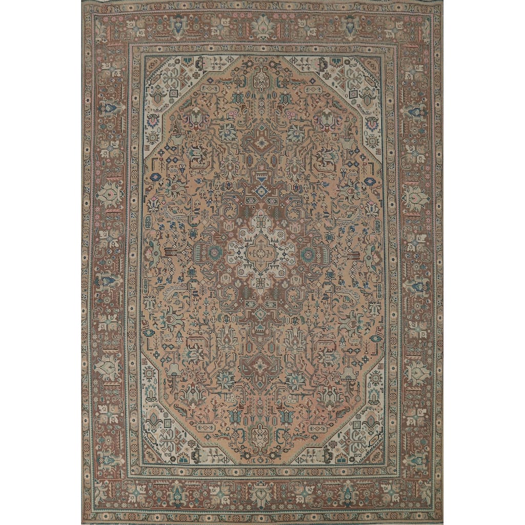 Geometric Peach Tabriz Persian Vintage Rug Hand-Knotted Wool Carpet - 8'1"x 11'3"