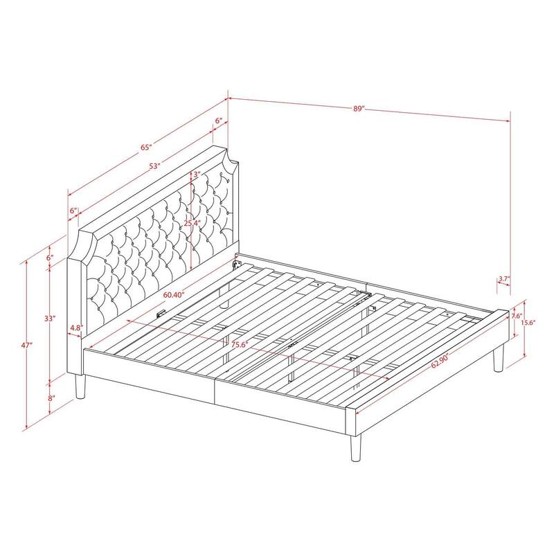 Queen Size Bed Frame - Modern Upholstered Headboard Footboard Wood Rails & Slats - Brown Black Finish