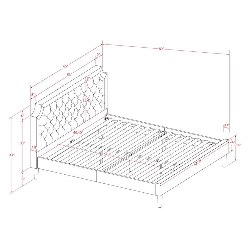 Queen Size Bed Frame - Upholstered Headboard, Wood Rails & Slats - Black Finish