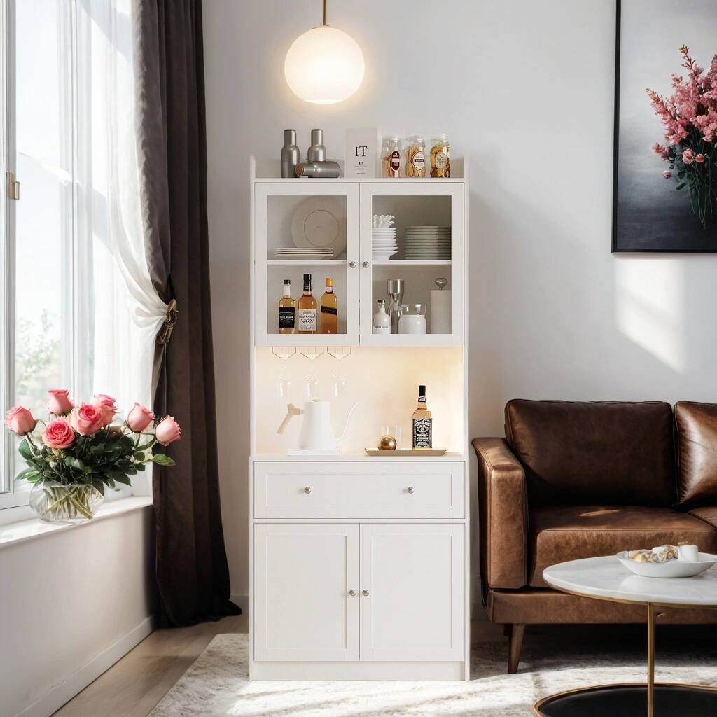 70.8" Tall Buffet Cabinet with LED Light and Power Outlet, Coffee Bar Sideboard with Storage Freestanding for Kitchen, White
