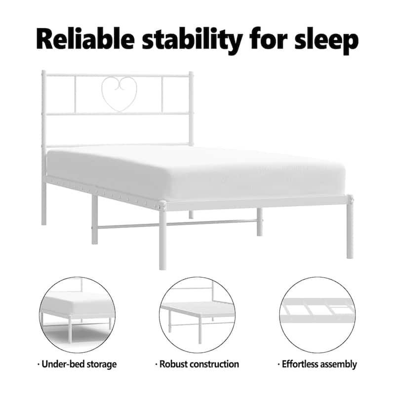 vidaXL Twin Metal Bed Frame with Headboard, White, No Mattress - 77.2" x 41.3" x 35.4"