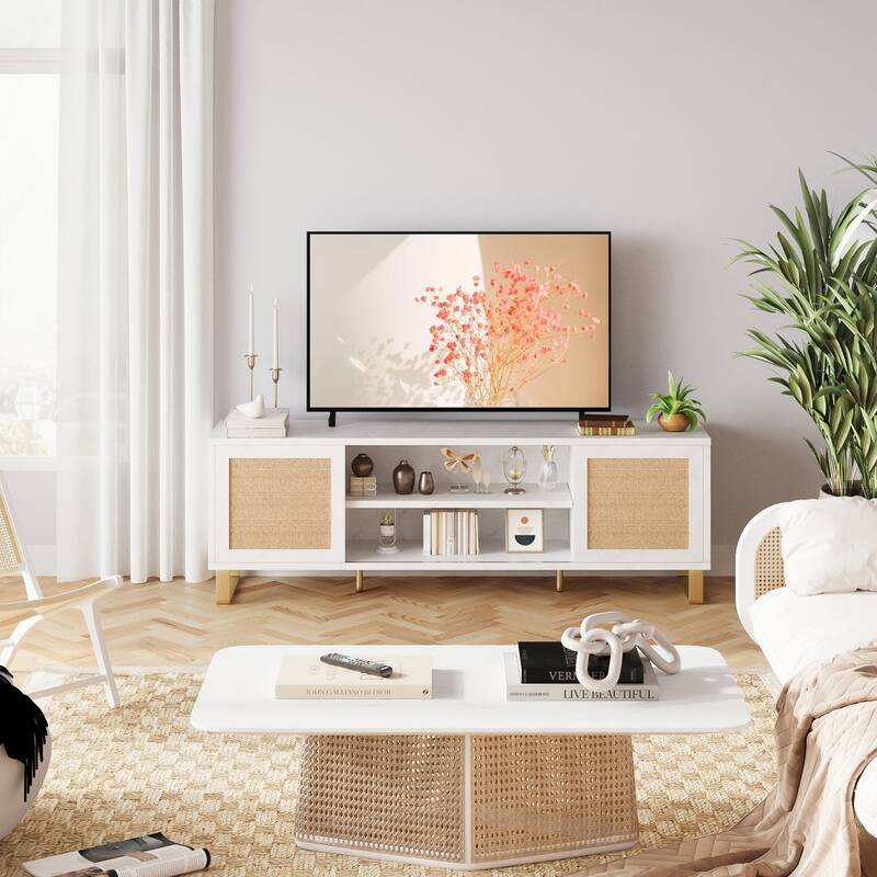 Ail TV Stand for 65 Inch TV Stand White Entertainment Center Modern TV Console Table Rattan Doors with Storage
