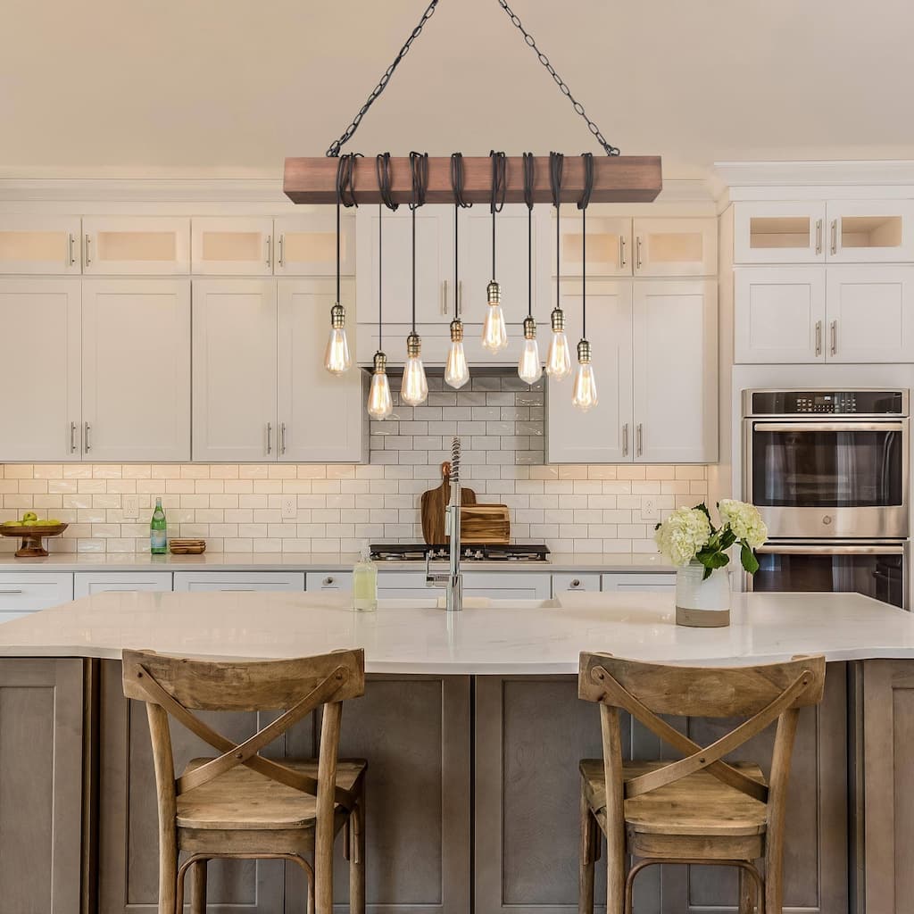 Modern Farmhouse 8-Light Wood Chandelier Linear Island Lights for Dining Room - L 37.5'' x W 5.5'' x H 59''