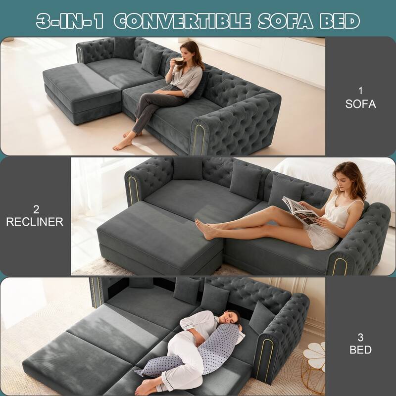 GDFStudio - 90.6" 3-in-1 Convertible Velvet Sleeper Sofa with Movable Ottoman