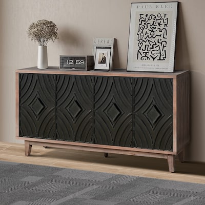 Antique Black Storage Cabinet Sideboard Buffet w/ Pattern Diamond Doors