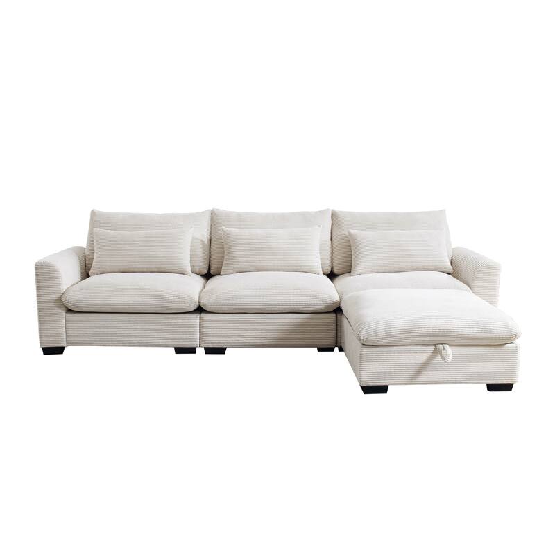 Modern L Shaped Modular Corduroy Sofa with Storage Ottoman and Plush Cushions for Living Room or Guest Room
