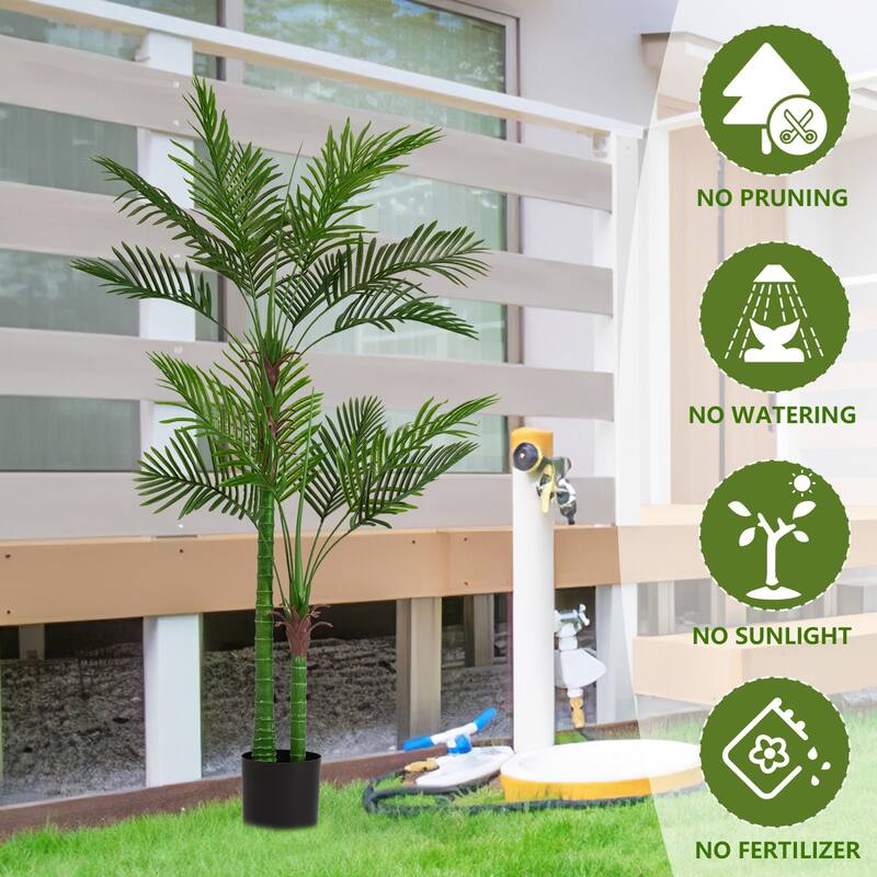 6FT Artificial Palm Tree, Fake Tropical Palm Tree in Pot, Faux Dypsis Lutescens Plant with Realistic Leaves - Green
