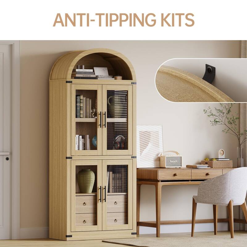 71" Tall Bookshelf, 4 Tier Book Shelf with 2 Storage Drawers, with Doors