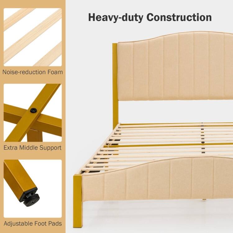 Full/Queen Size Upholstered Bed Frame with Quilted Headboard - Beige-Gold