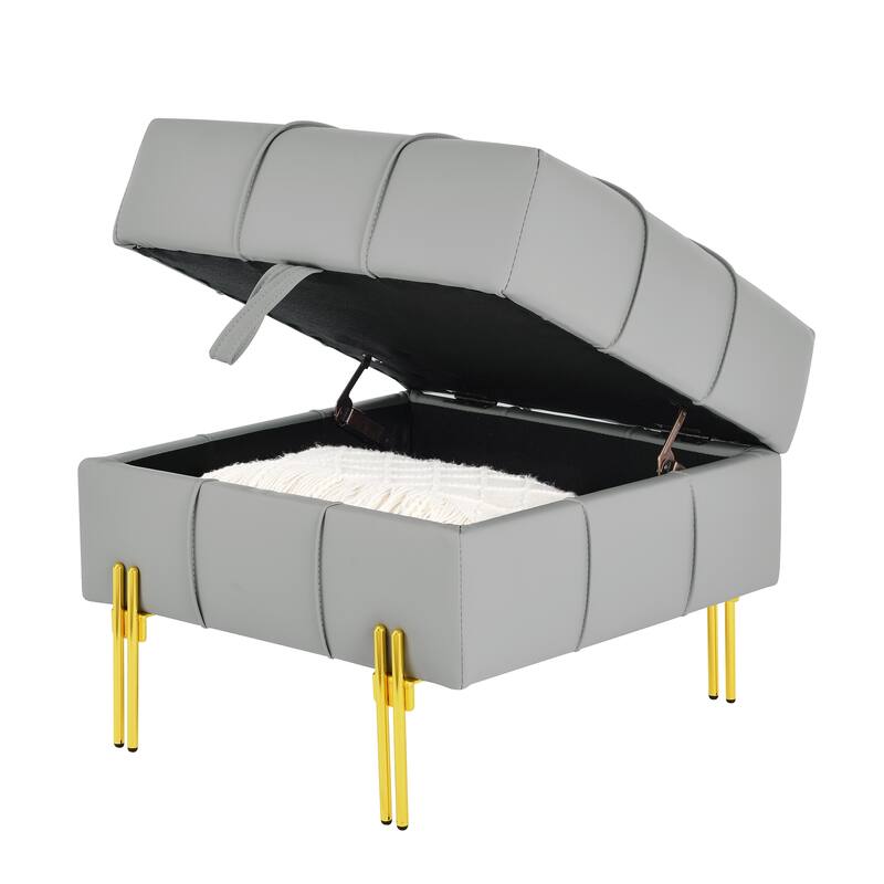 22 inches Anti-scratch Leather Storage Ottoman, Pet Friendly Entryway Bench with Golden Stainless Steel Legs, Gray